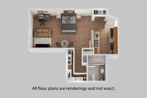 A floor plan of a room with furniture and appliances.